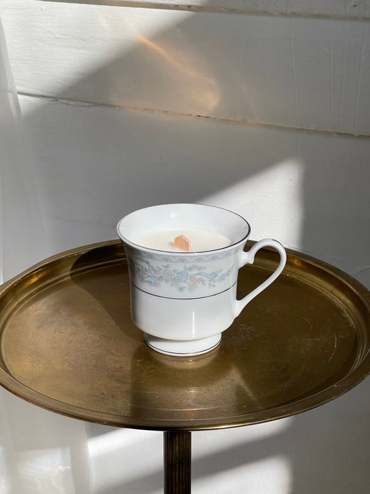 hand-crafted candle, w/ porcelain teacup + saucer