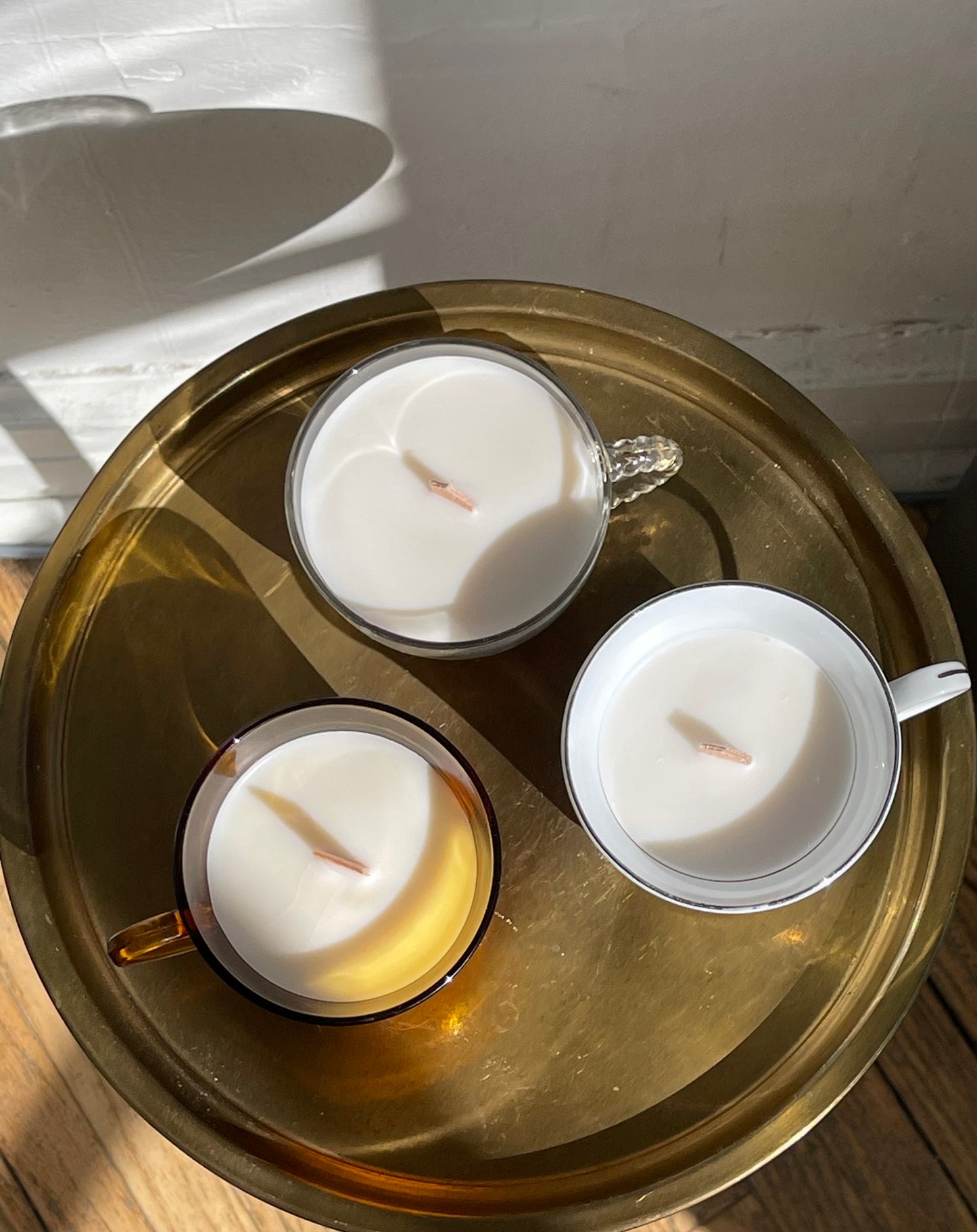 hand-crafted candle, w/ amber teacup + saucer