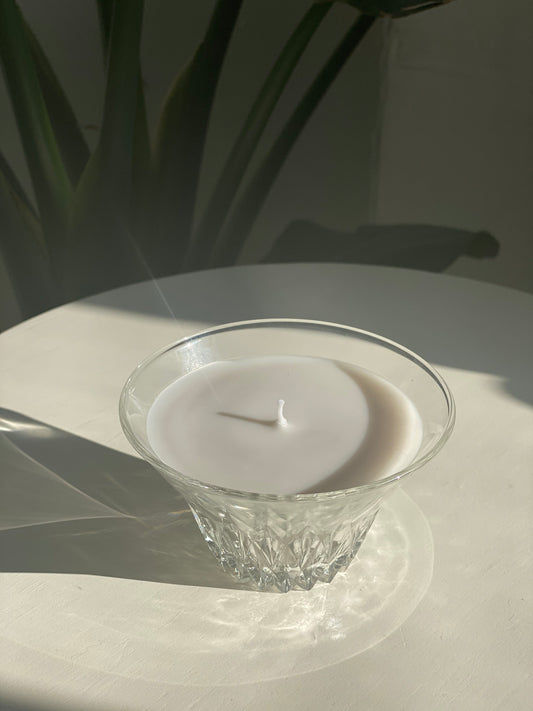 hand-crafted candle, w/ vintage crystal dish
