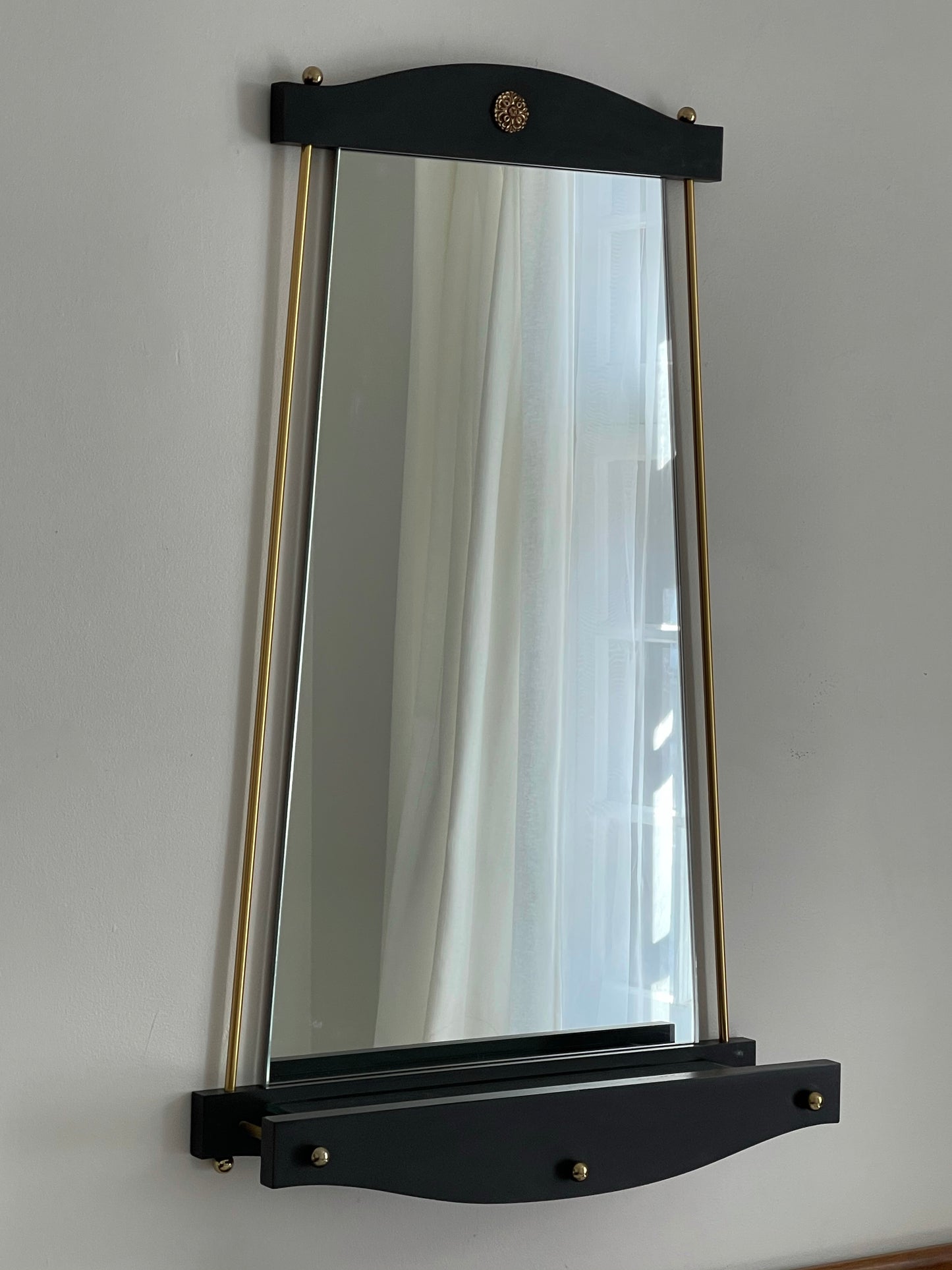 vintage, mid-century black + gold wood mirror