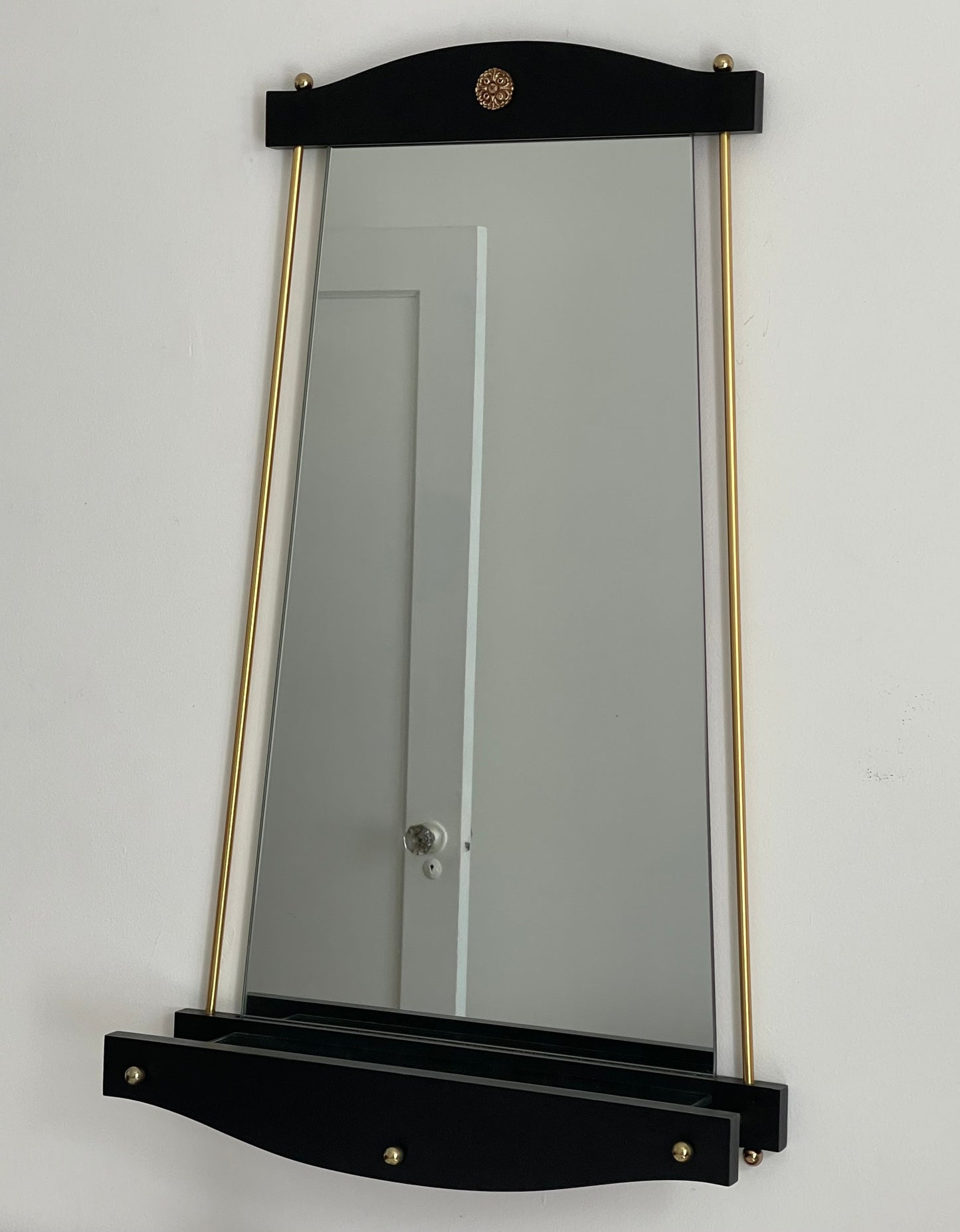 vintage, mid-century black + gold wood mirror